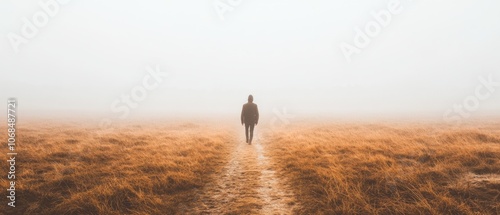 A lone person strolls along a path in a misty landscape, surrounded by tall grasses and enveloped in a serene morning fog