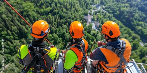 Dedicated roofing team working safely on a sloped roof, ensuring quality and protection for every project. photo