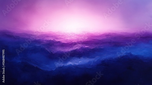 A scenic view of a mountain range bathed in a vibrant, otherworldly purple and blue light, with a glowing orb in the distance.