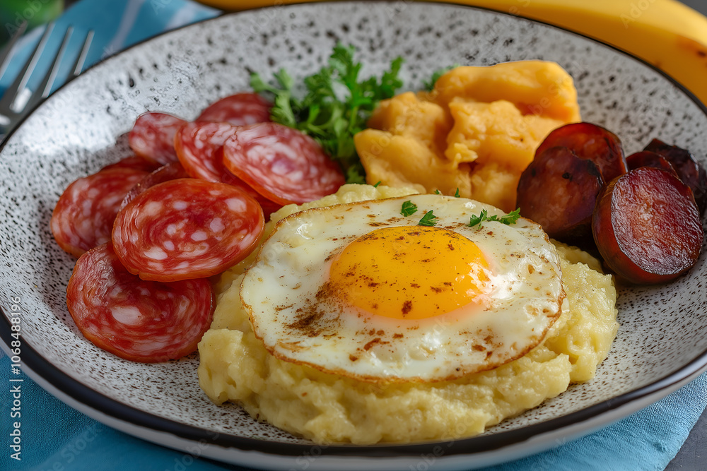 Traditional Dominican Republic breakfast on a plate, dominican mangu mashed plantains. Traditional Dominican Republic breakfast on a plate, dominican mangu mashed plantains.