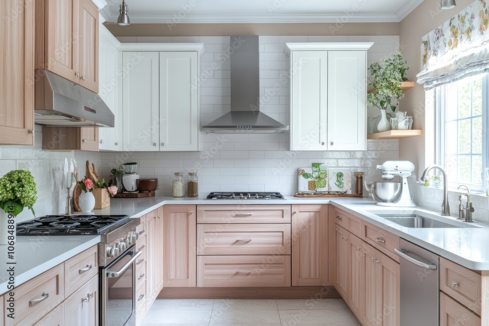 Fototapeta premium Modern Kitchen with White Cabinets, Stainless Steel Appliances, and Light Wood Accents