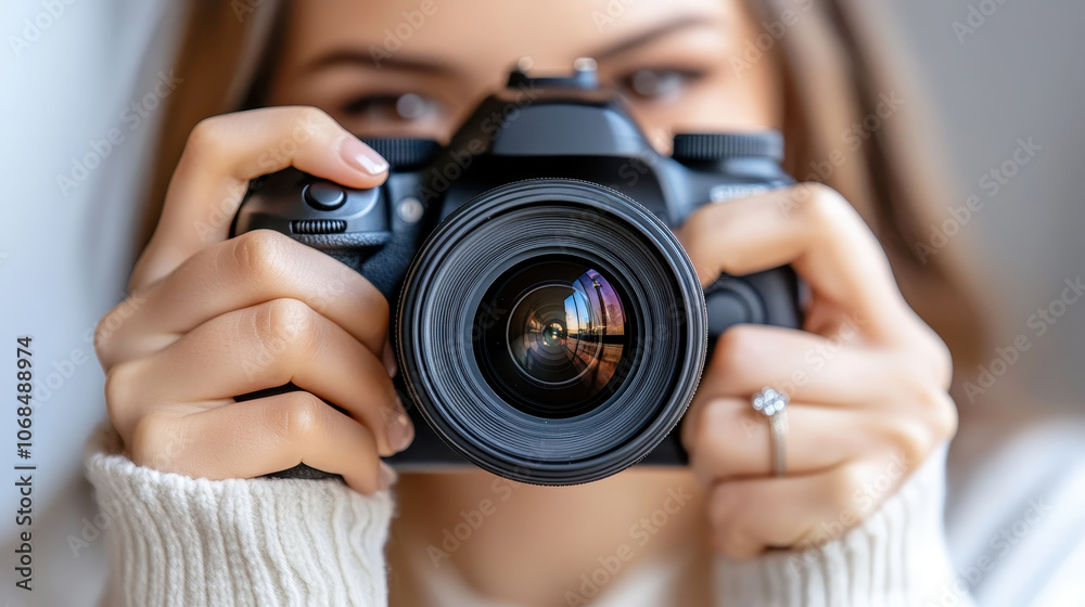 Close-up of a woman holding a DSLR camera, focusing through the lens with concentration and creativity. Close-up of a woman holding a DSLR camera, focusing through the lens with concentration and creativity.