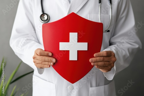 Doctor holding a red shield with a white cross, symbolizing healthcare, medical protection, and patient safety. photo