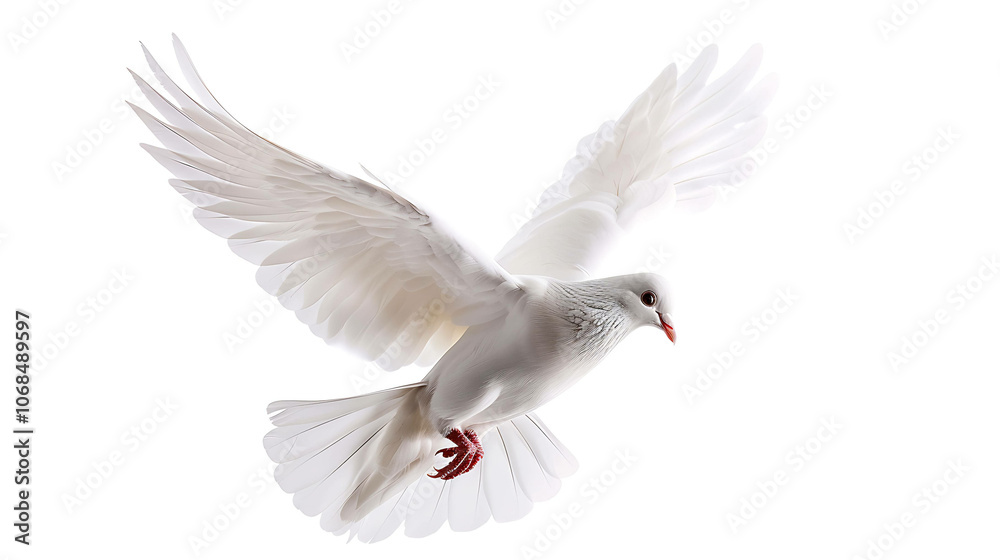 Fototapeta premium A beautiful white dove is flying with its wings spread wide. The dove is a symbol of peace and hope.