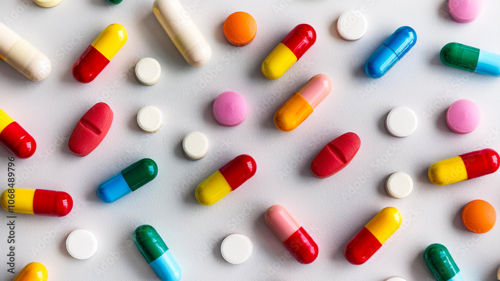 Multicolored tablets and capsules are scattered on a white surface, top view. Multicolored tablets and capsules are scattered on a white surface, top view.