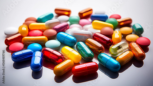 Multi-colored tablets and capsules lie on a white background.