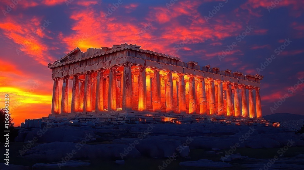 Obraz premium acropolis of athens, greece, depicted at twilight, showcasing ancient architecture against a stunning sunset backdrop, infused with historical significance and cultural richness