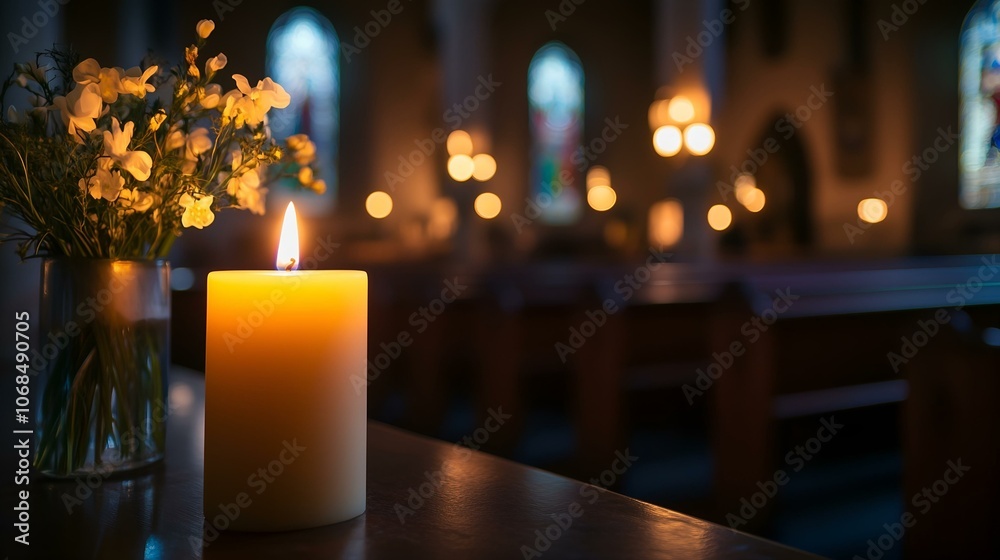 A softly lit candle glows on a table in a serene church interior, accompanied by a small vase of white flowers. A softly lit candle glows on a table in a serene church interior, accompanied by a small vase of white flowers.