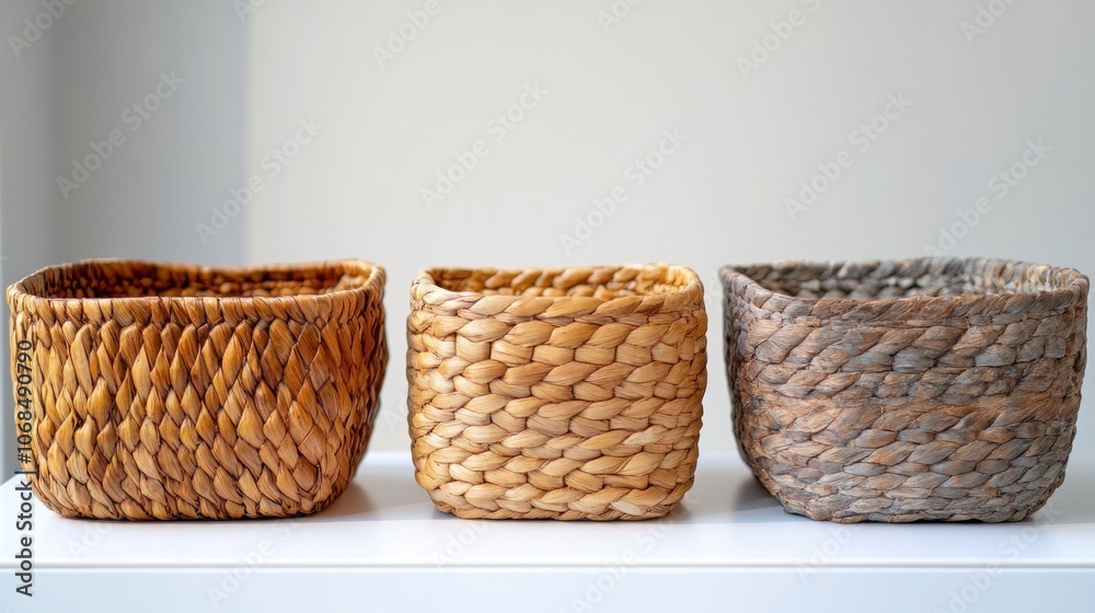 Fototapeta premium Three Wicker Baskets on a White Countertop