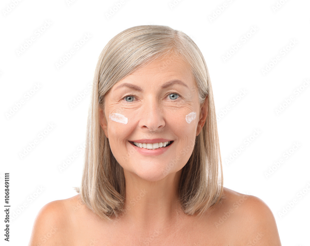 Senior woman with face cream on white background Senior woman with face cream on white background