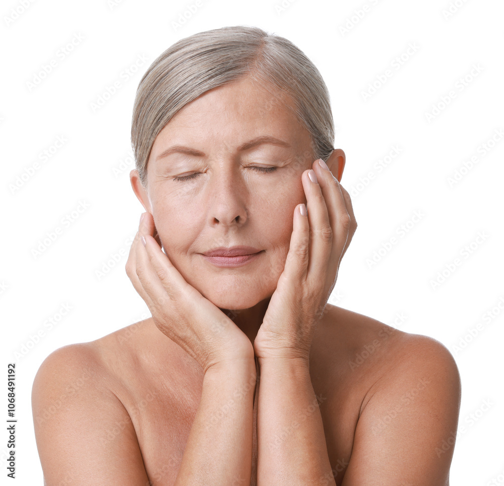 Face massage. Beautiful woman with healthy skin on white background Face massage. Beautiful woman with healthy skin on white background