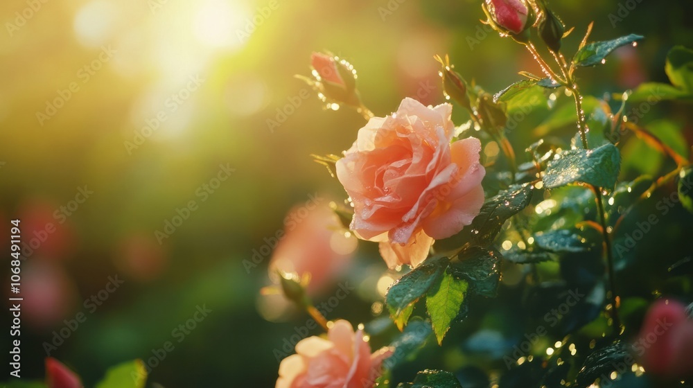 Obraz premium Close-up of morning dew on rose petals in a garden, capturing freshness and the beauty of nature