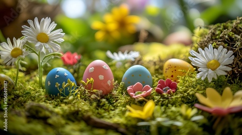 Festive Easter scene featuring colorful decorated eggs placed among lush green moss, flowers, and daisies in a natural garden setting.