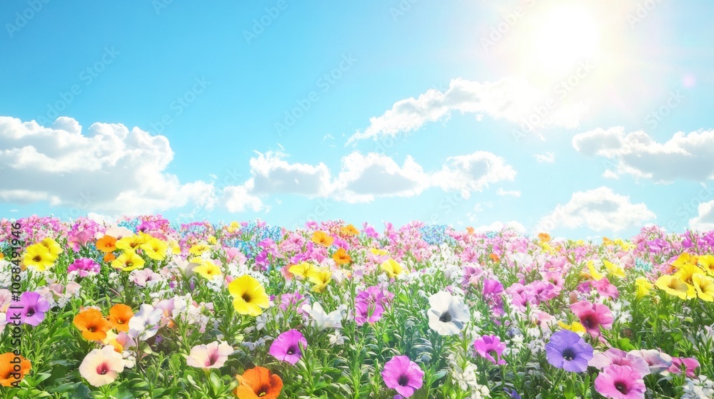 Colorful petunia garden under a sunny sky, creating a cheerful and bright background Colorful petunia garden under a sunny sky, creating a cheerful and bright background