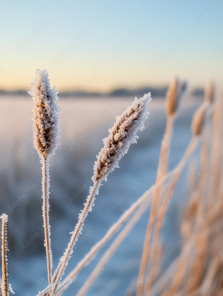 Fototapeta premium Frost blankets the landscape as the chill of winter begins to settle in, transforming the scenery into a winter wonderland.