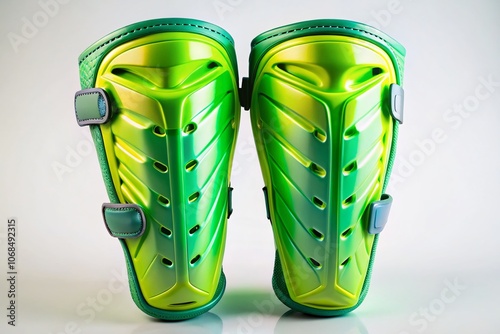 Isolated Shin Guards on White Background - Low Light Photography for Sports Gear, Soccer Equipment, Protective Wear, Athletic Accessories, Sports Safety Gear, Football Gear, Training Equipment photo