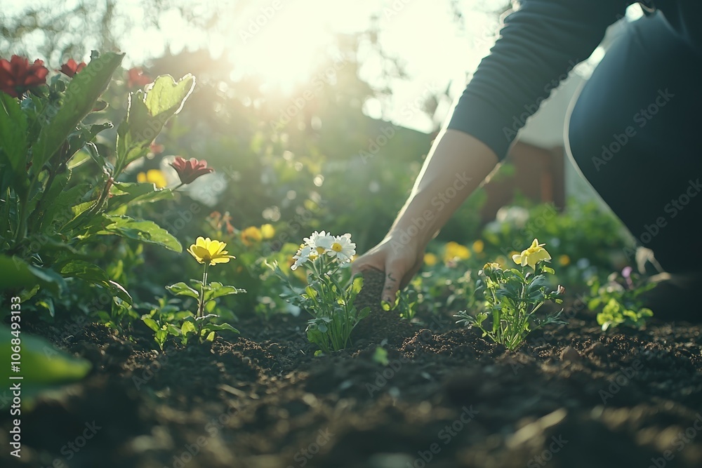 Fototapeta premium Embracing Nature: The Joy of Planting Flowers in a Sunlit Garden