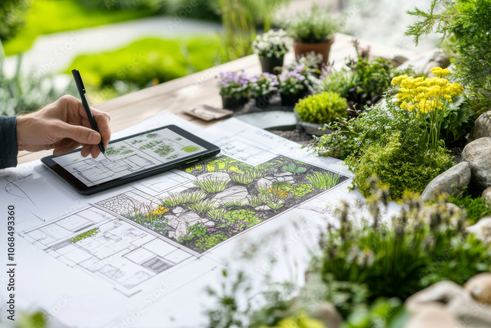 A landscape designer meticulously sketches garden plans on paper while referencing images on a tablet, surrounded by lush greenery and blooming flowers. A landscape designer meticulously sketches garden plans on paper while referencing images on a tablet, surrounded by lush greenery and blooming flowers.