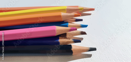 A set of colored pencils isolated on white background. Drawing pencils. A set of colored pencils for school. Bright palette of colors. Pencils in a pencil case.