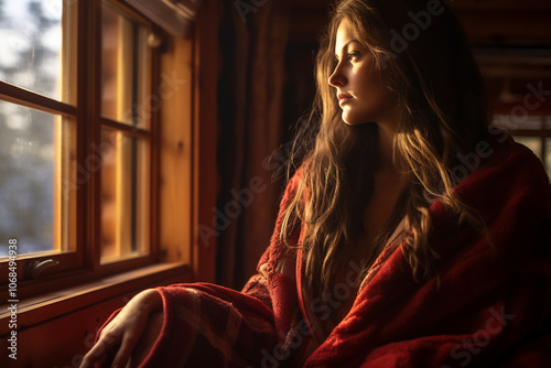 Woman in a blanket gazes out cabin window