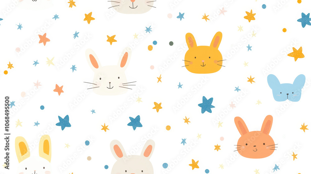 Seamless cute rabbits pattern with colorful stars on white background Seamless cute rabbits pattern with colorful stars on white background