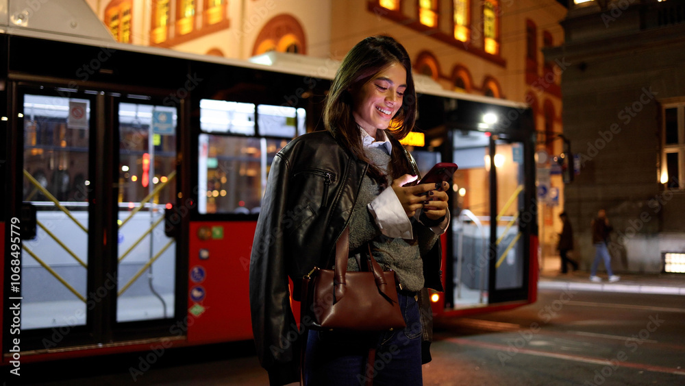 Beautiful, young woman enjoying an evening walk in the city and using smartphone