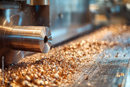 Metal shavings litter the floor of a workshop, resulting from machining a metallic part on a lathe. The area shows tools and equipment used for precision engineering.