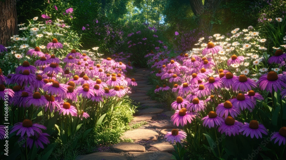Garden of purple coneflowers and daisies, symbolizing the richness and diversity of summer flowers Garden of purple coneflowers and daisies, symbolizing the richness and diversity of summer flowers