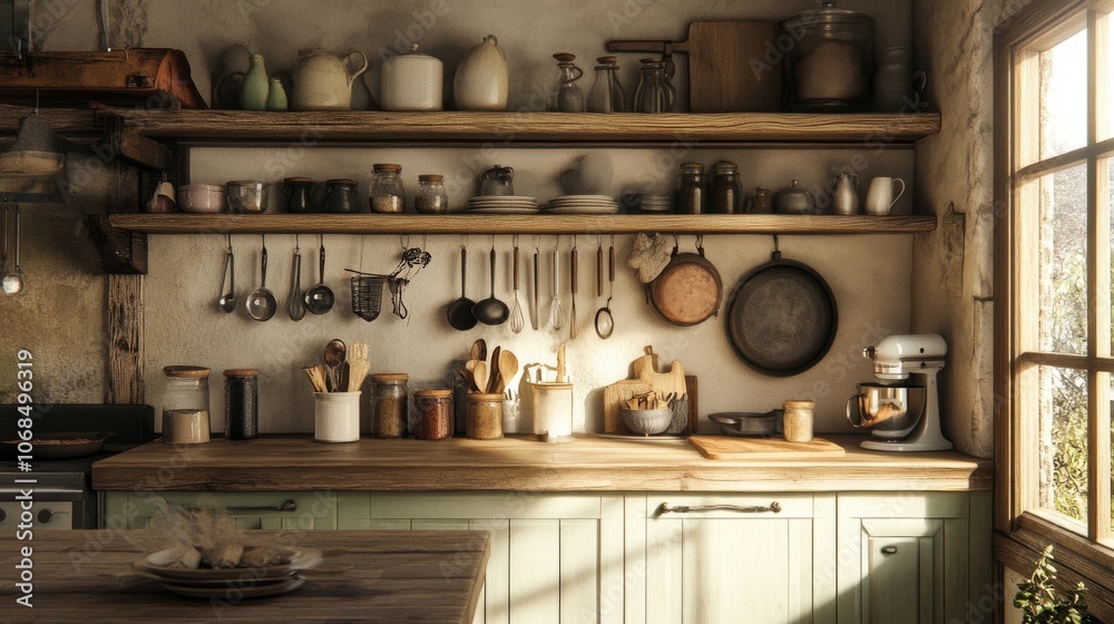 Interior of a farmhouse kitchen with wooden countertops, open shelves, and rustic-style decor. A mix of modern and vintage utensils on display.