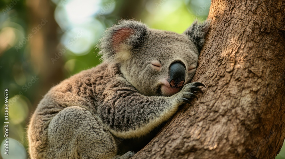 Obraz premium Close up photo of koala sleeping on a tree. Wild life of animal. Zoo animal.