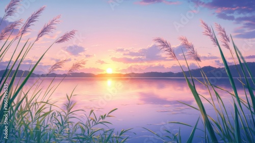 Sunset Serenity: Reeds and Lake in Super-Realistic Macro