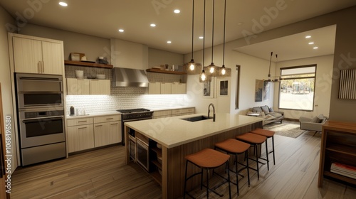 Modern kitchen with high-end appliances, stylish pendant lights, and an island with bar stools. Elegant yet functional space.