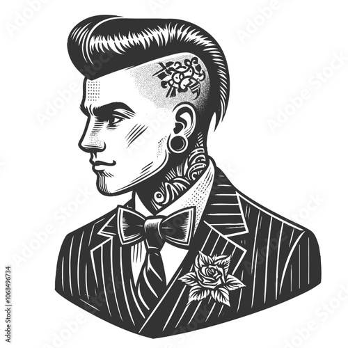 punk rocker businessman with mohawk in formal suit, rebellion and sophistication sketch engraving generative ai fictional character vector illustration. Scratch board imitation. Black and white image.