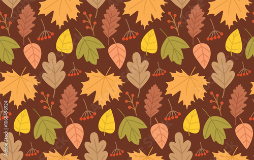 Seamless autumn background with colorful leaves and branches. Cute hand drawn fall pattern 