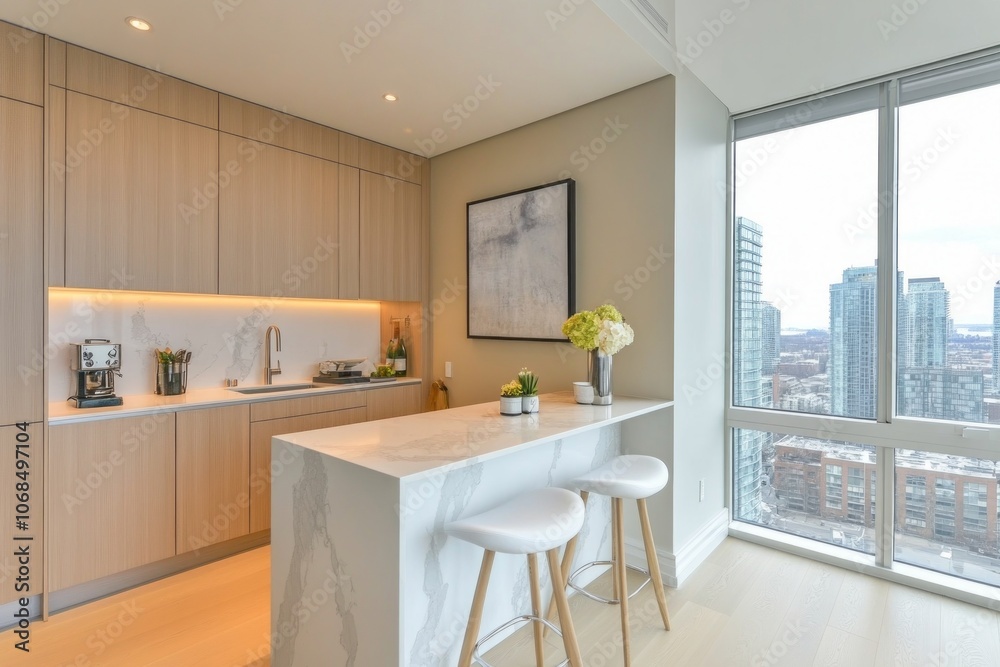 Modern Kitchen with Marble Countertop and City View Modern Kitchen with Marble Countertop and City View