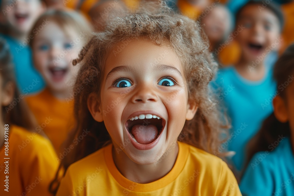 Joyful Moments: A Close-Up of a Grinning Girl Surrounded by a Thriving Crowd of Happy Children in Colorful Shirts Celebrating Together Joyful Moments: A Close-Up of a Grinning Girl Surrounded by a Thriving Crowd of Happy Children in Colorful Shirts Celebrating Together