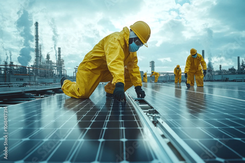 A group of workers dressed in yellow safety suits and masks is busy installing solar panels. They are on the rooftop of an industrial facility, surrounded by manufacturing structures.