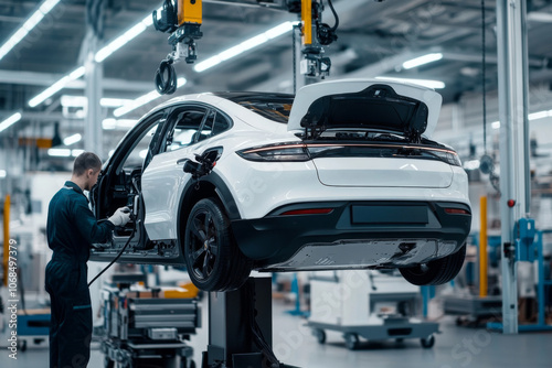 A skilled technician conducts maintenance on a raised white vehicle in a high-tech automotive service center, surrounded by various tools and equipment.