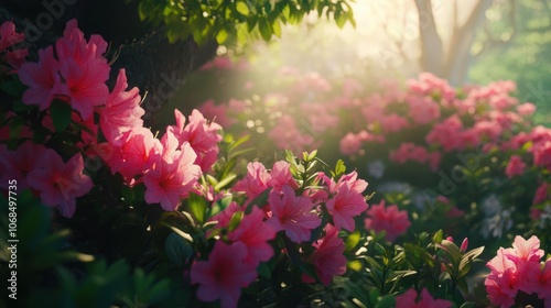 Lush garden with blooming azaleas, symbolizing springtime beauty and colorful landscapes