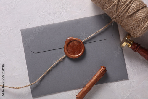 Envelope with wax seals and vintage stamp, thread on gray background. DIY, Gift certificate, wedding invitation. photo