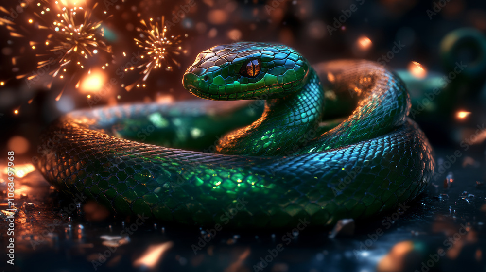 Fototapeta premium A vibrant green snake coiling on a dark surface surrounded by sparkling particles at night