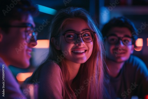 Capturing Joyful Moments: A Group of Friends Enjoying a Night Out, Embracing Laughter and Connection Amidst Vibrant Neon Lights