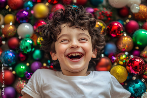 Boy joyfully plays with Christmas ornaments