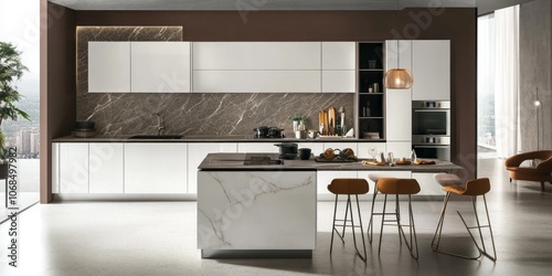 Modern kitchen with marble countertops and island, white cabinets, and brown accents.