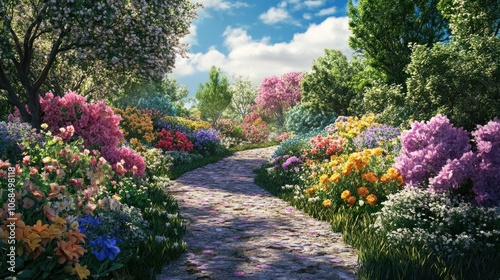 Path through a colorful flower garden, inviting a stroll through nature beauty