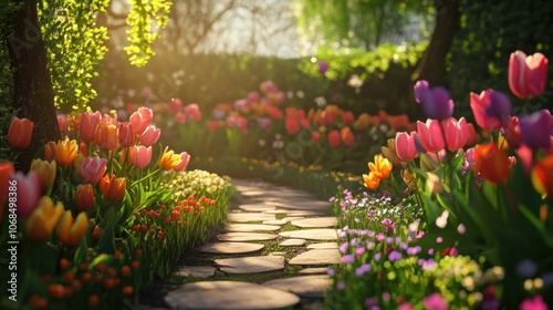 Pathway through a blooming flower garden with vibrant tulips, creating a picturesque scene