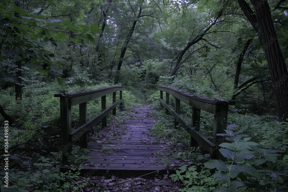 Aged wooden bridge is beckoning hikers to venture deeper into the heart of the forest Aged wooden bridge is beckoning hikers to venture deeper into the heart of the forest