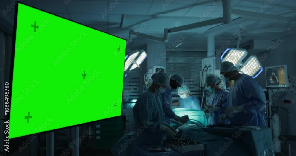 Male and Female Surgical Team Working on a Critical Operation in a Dark Room, Each Hospital Member Focusing on Their Role. Monitor Showing Green Screen Mock Up Display in the Room Male and Female Surgical Team Working on a Critical Operation in a Dark Room, Each Hospital Member Focusing on Their Role. Monitor Showing Green Screen Mock Up Display in the Room