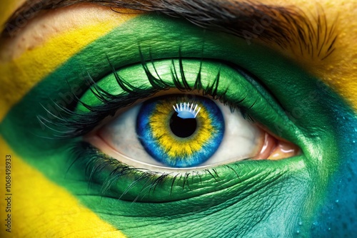 Macro Photography of a Woman's Eye Blended with Abstract Art in Brazilian Flag Colors – Vivid Expression of National Identity and Artistic Vision