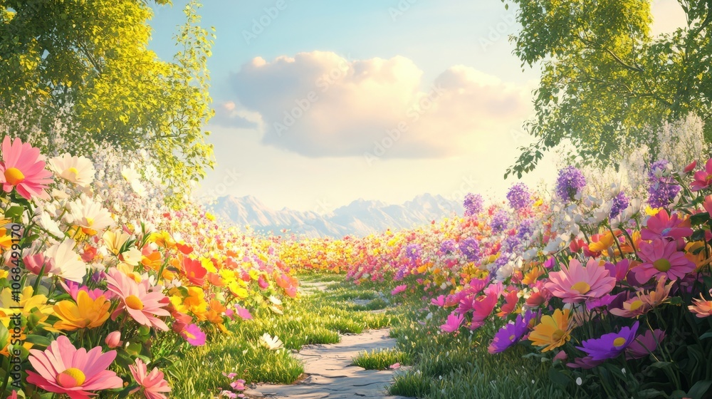 Obraz premium Sunny flower garden with rows of colorful daisies, representing the joy of springtime